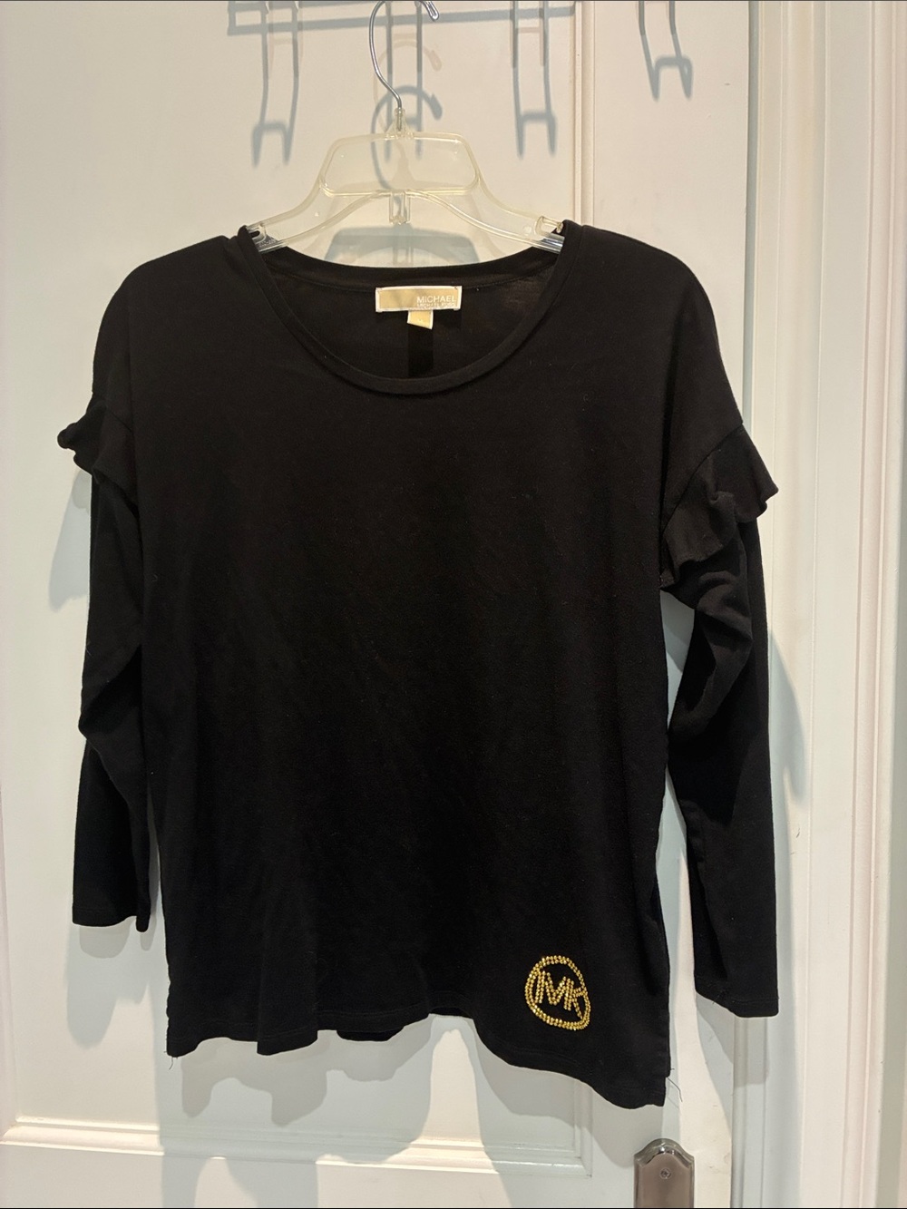 MICHAEL KORS Gold Rhinestone MK Logo Ruffle Sleeve Top Size M ⭐️